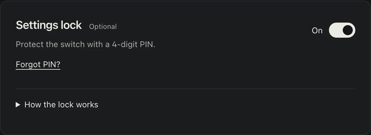 PropClamp Settings, Settings lock (optional): On. Protect the switch with a 4-digit PIN. Opening at launch.