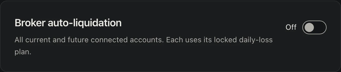 PropClamp Settings, Broker auto-liquidation: Off. All current and future connected accounts. Each uses its locked daily-loss plan. Opening at launch.
