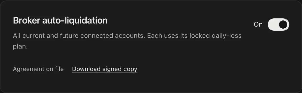 PropClamp Settings, Broker auto-liquidation: On. All current and future connected accounts. Each uses its locked daily-loss plan. Agreement on file. Opening at launch.
